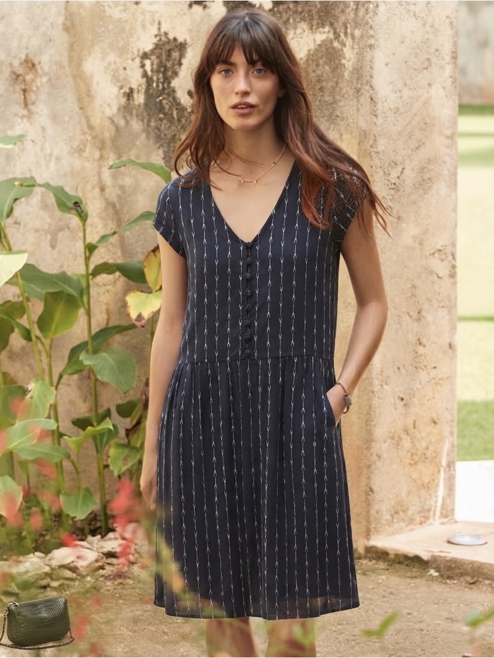 Garnet Hill Marina Navy Print Crêpe Dress Size Medium